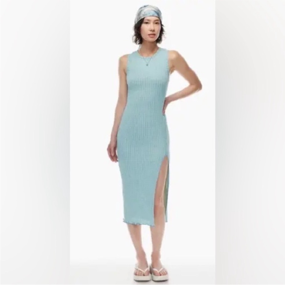 Aritzia Wilfred Verona Blue Plaid Midi High Slit Sleeveless Dress S